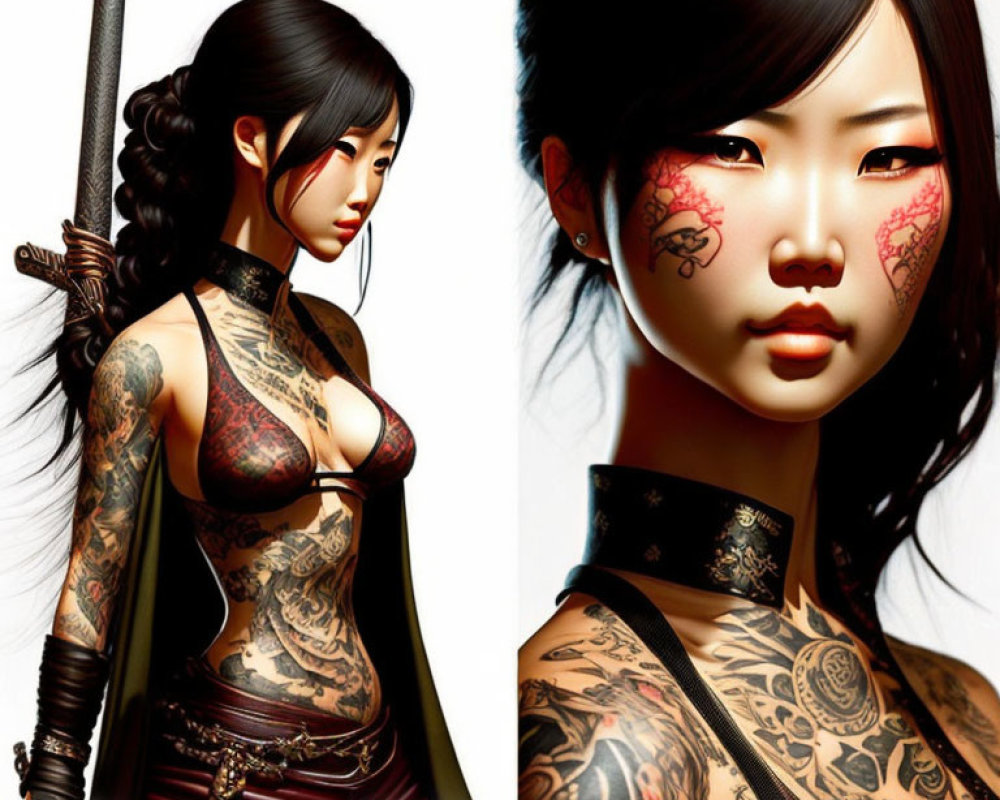 Illustration of woman with intricate tattoos, katana, ornate attire, and bold makeup