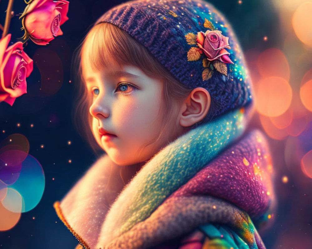 Child in colorful coat and knit hat admiring rose in glowing lights