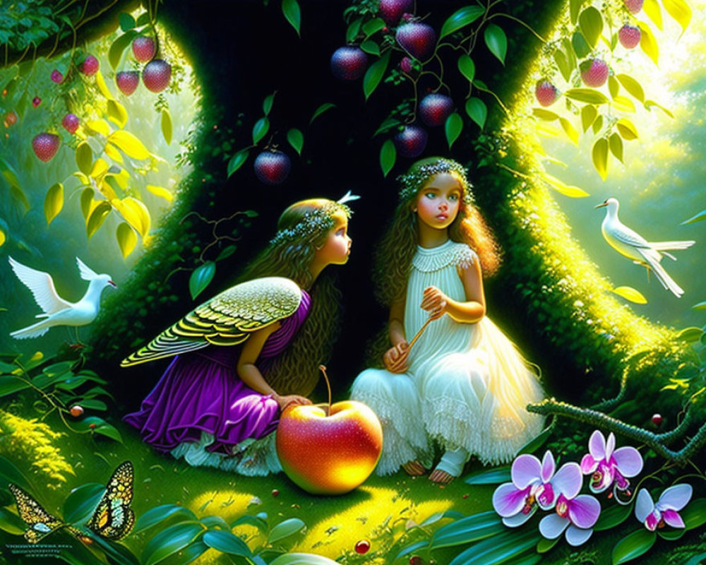 Fantasy characters in enchanted garden with large apple, wildlife, and lush vegetation.