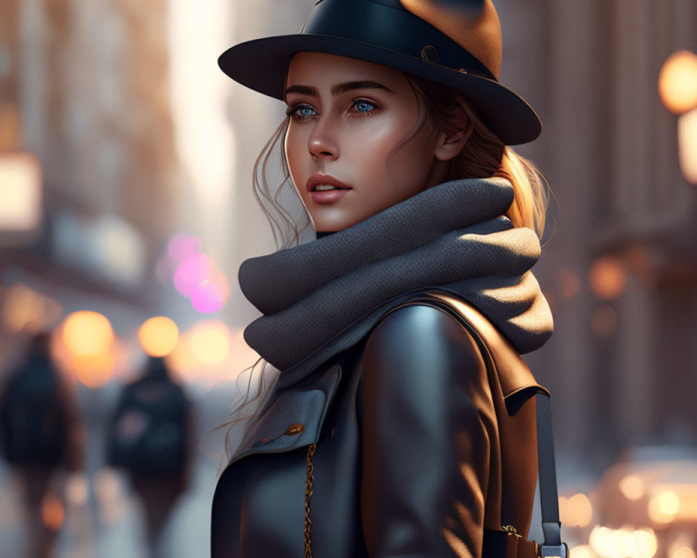 Woman with blue eyes in leather jacket and hat on city street at dusk