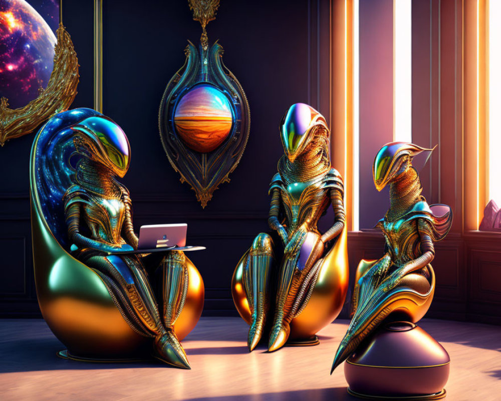 Futuristic metallic humanoid figures in elegant space room