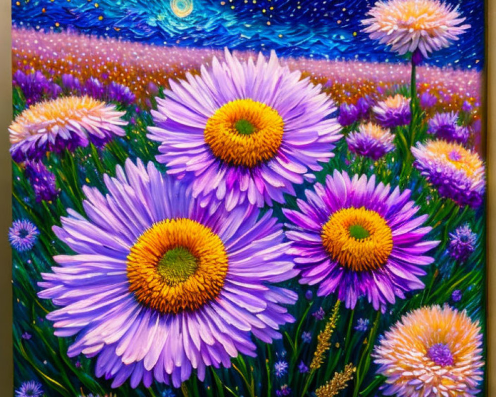 Vibrant Purple and Yellow Flowers in Starry Night Sky