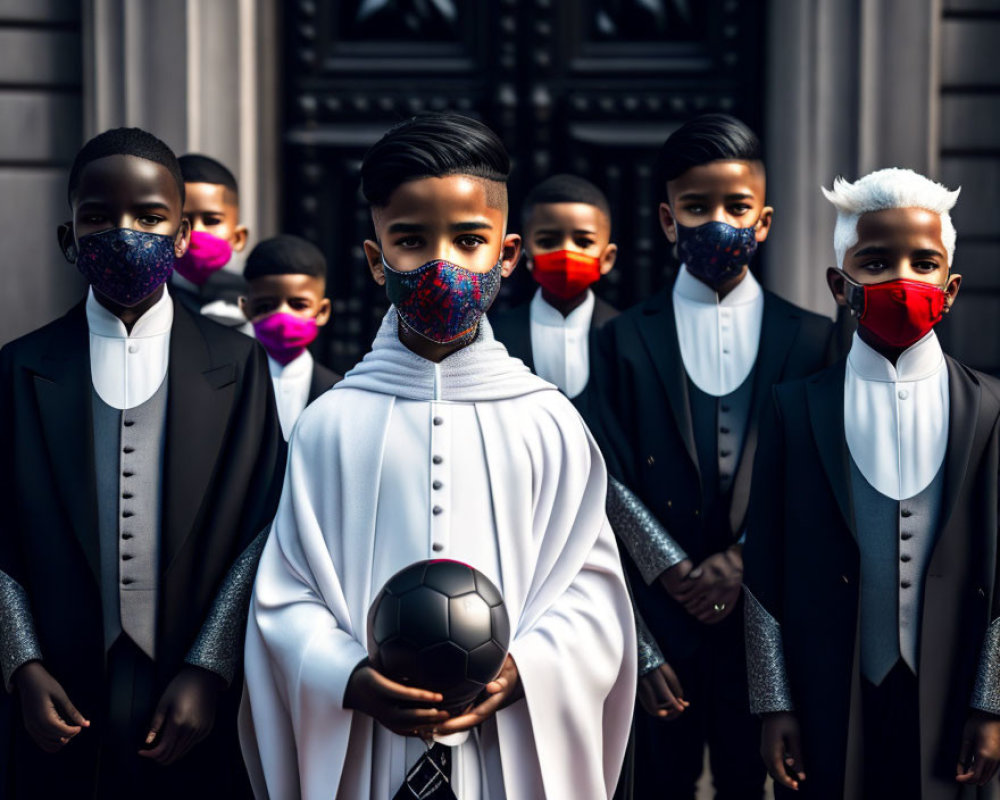 Young boys in formal attire with colorful masks and a soccer ball in front of a dark building.