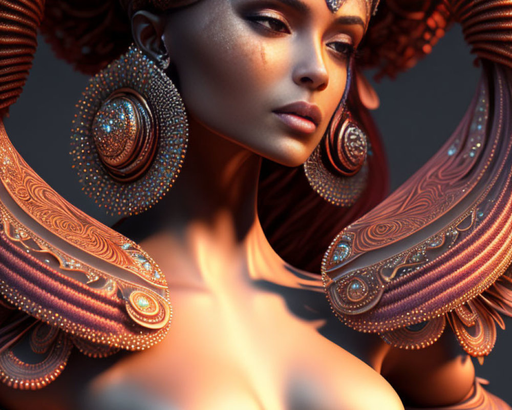 Digital art portrait of woman with ornate copper jewelry and headdress, glowing embers below chin