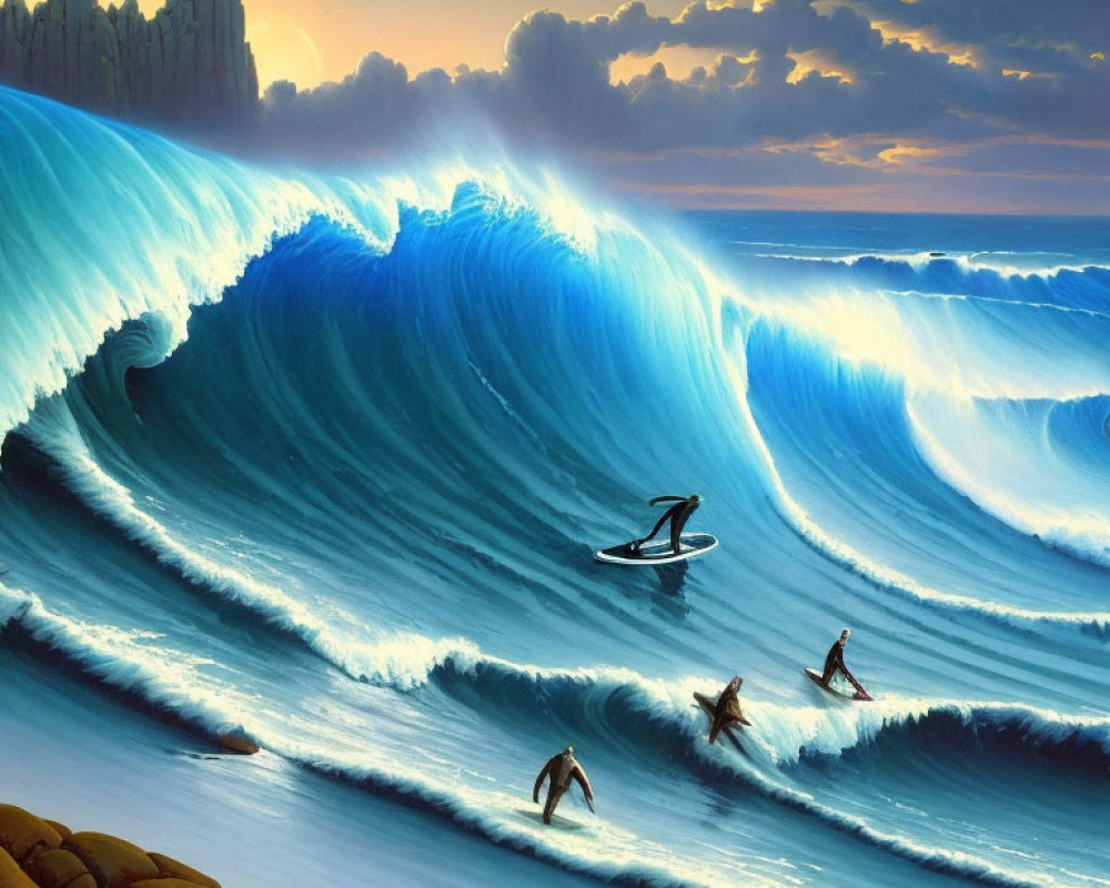 Vibrant sunset surfers riding towering blue waves