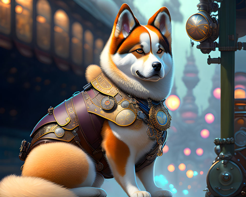 Stylized Shiba Inu in detailed harness in futuristic cityscape