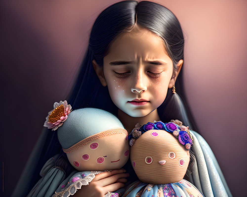 Saddened young girl holding dolls with tears, digital art illustration