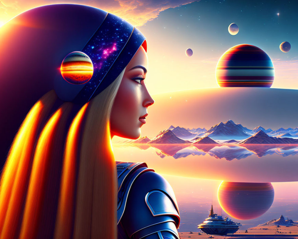 Futuristic female android with cosmic helmet in alien landscape