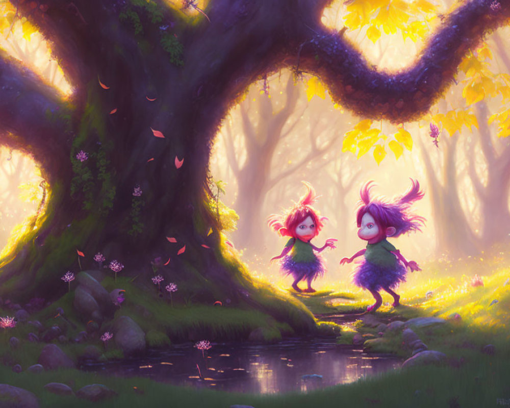 Whimsical creatures dancing in magical forest with glowing background