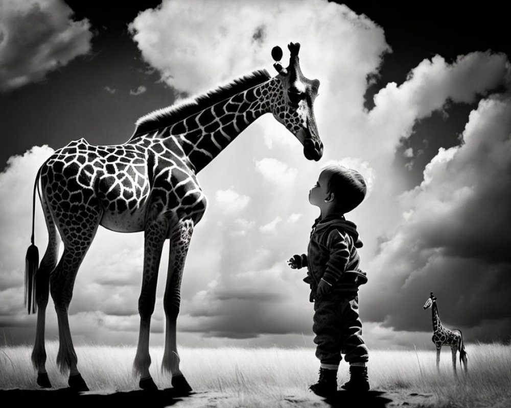 Child in Striped Outfit Facing Giraffe with Cloudy Sky Background