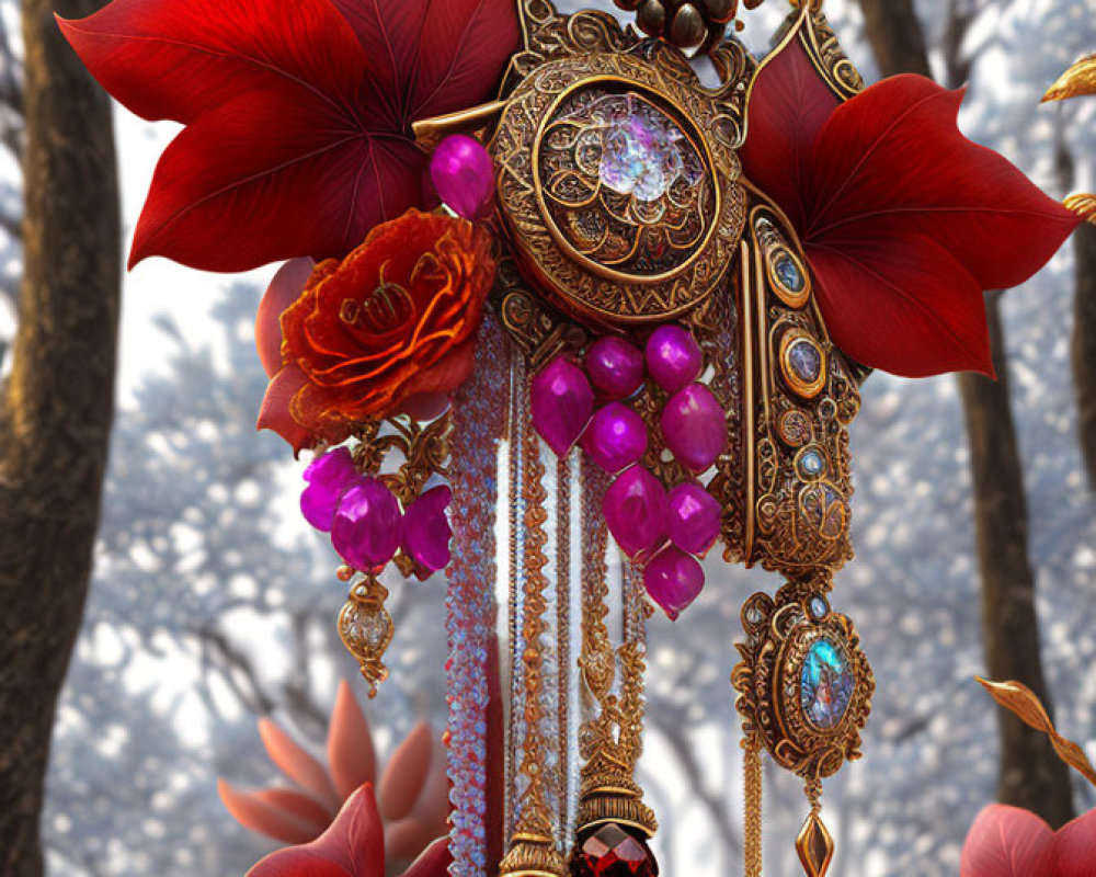 Jeweled pendant with red flowers and gold details in snowy forest