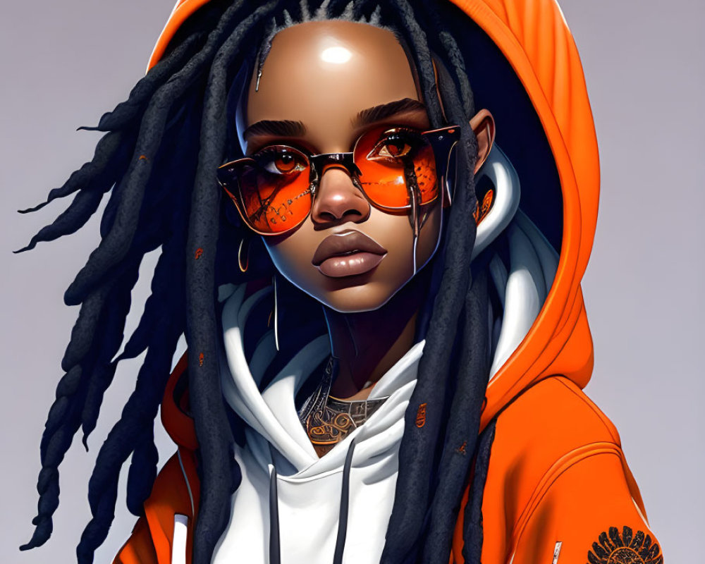 Illustration of person with dreadlocks in orange hoodie, sunglasses, earrings, tattoos.