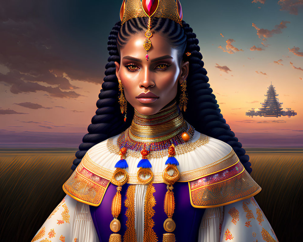 Digital Artwork: Regal Woman in Traditional Attire with Golden Jewelry