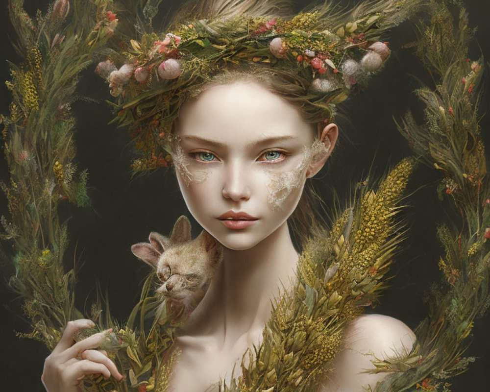 Woman with Floral and Wheat Crown Holding Cat in Serene Portrait