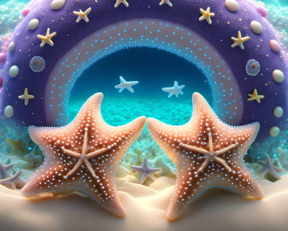 Colorful Starfish on Sandy Shore with Starry Archway Background