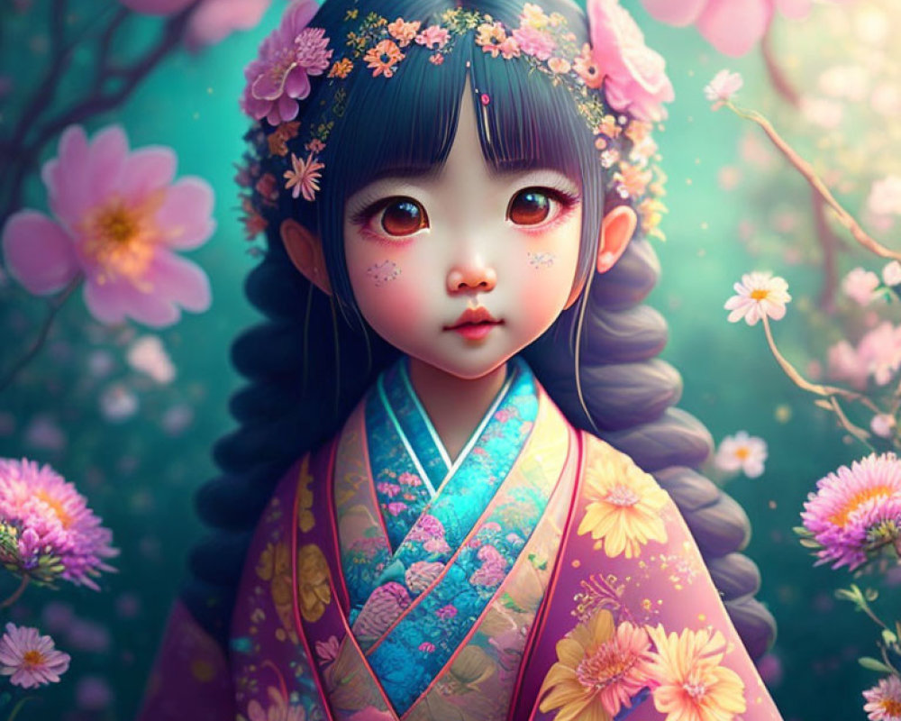 Illustration of girl in floral kimono with large eyes and blossoming flowers