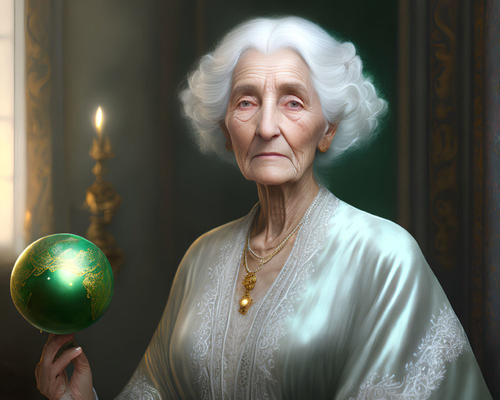 Elderly woman with white hair holding green orb in dimly lit room