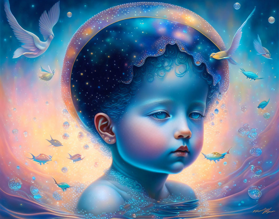 Surreal cosmic-themed portrait with child, birds, fish on blue background