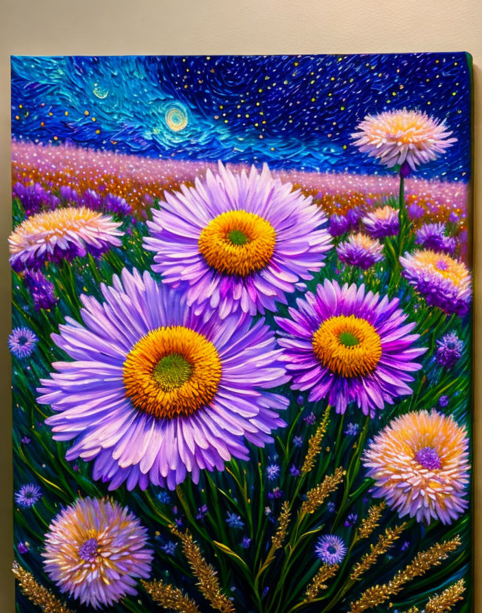 Vibrant Purple and Yellow Flowers in Starry Night Sky