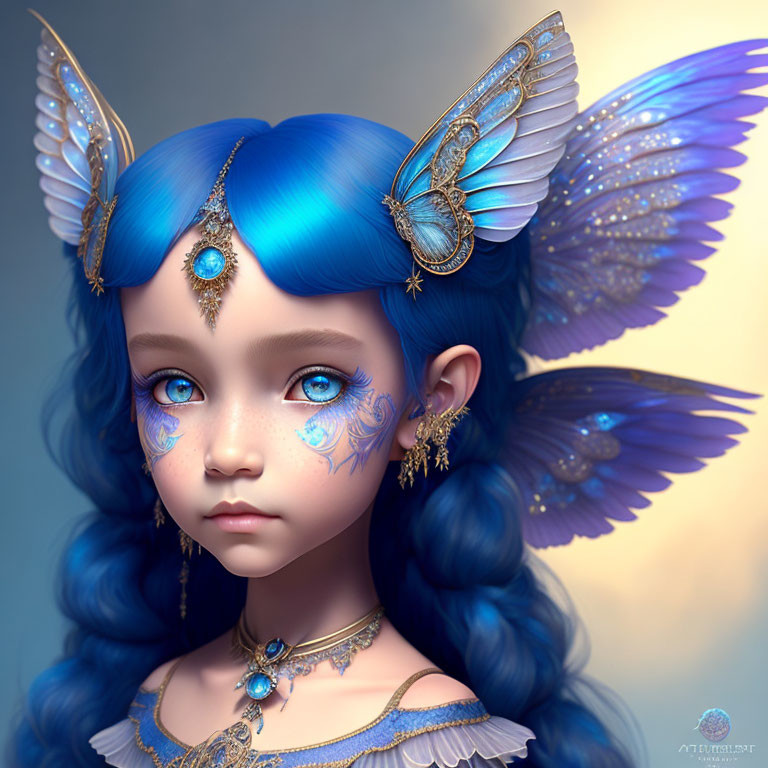 Fantasy illustration: Girl with blue hair, butterfly wings, and intricate jewelry.