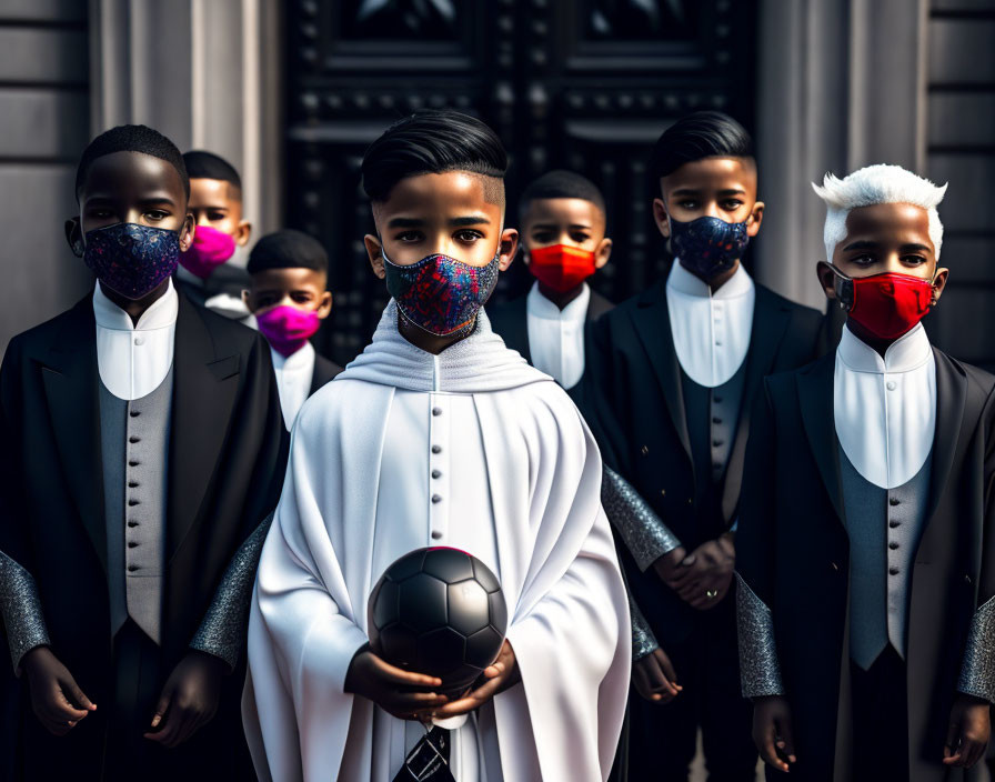 Young boys in formal attire with colorful masks and a soccer ball in front of a dark building.