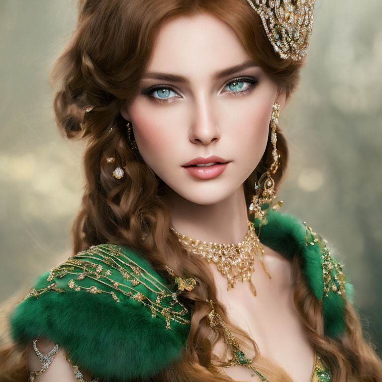 Portrait of elegant woman in green dress with fur trim and golden crown, featuring blue eyes and soft-focus