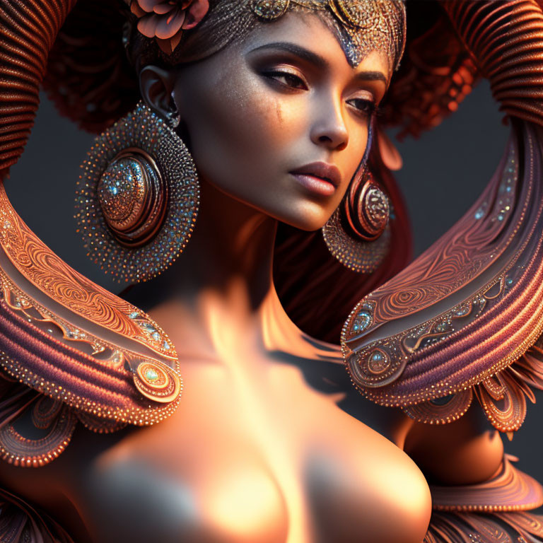 Digital art portrait of woman with ornate copper jewelry and headdress, glowing embers below chin