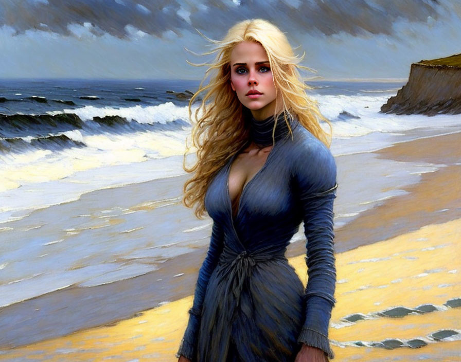 Blonde Woman in Blue Dress on Beach with Waves and Cliffs