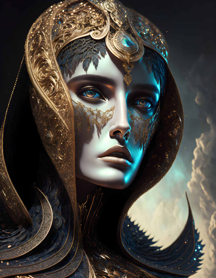 Intricate golden headgear and jewelry on mystical figure in digital art