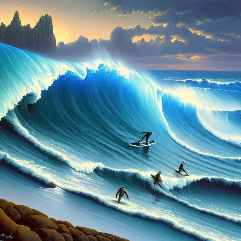 Vibrant sunset surfers riding towering blue waves