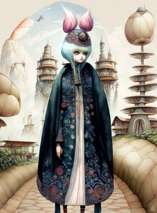 Surrealist illustration of figure with blue hair in ornate robe, surrounded by pagodas and