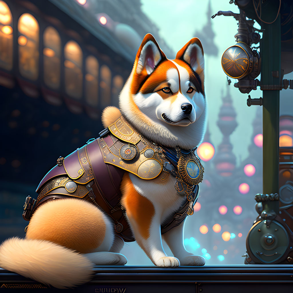 Stylized Shiba Inu in detailed harness in futuristic cityscape