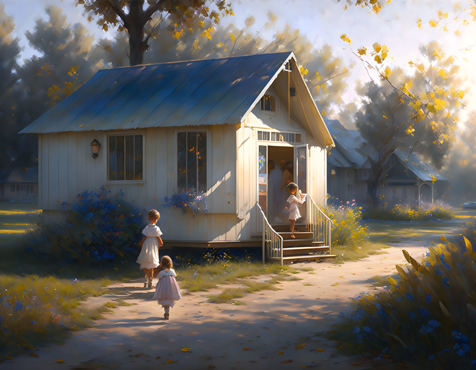 Three children near sunlit house in rustic setting