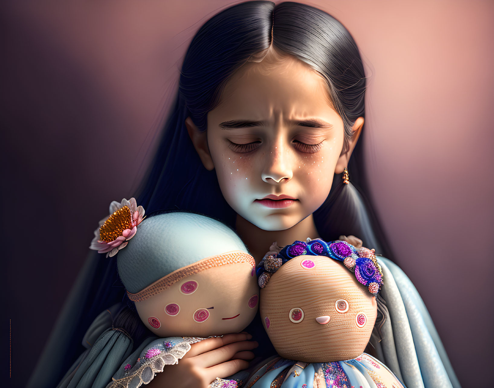 Saddened young girl holding dolls with tears, digital art illustration