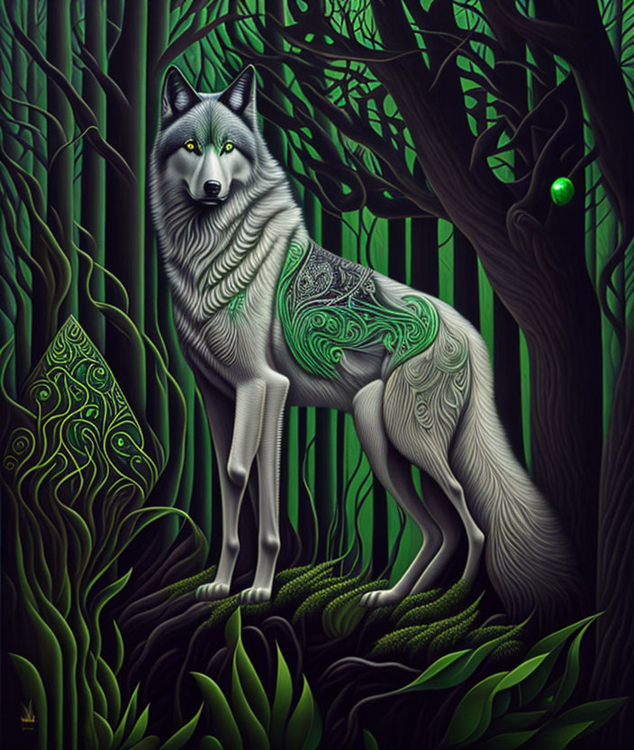 Mystical gray wolf with green patterns in vibrant forest landscape