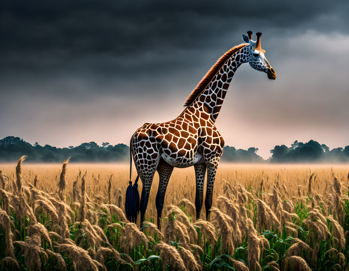 Giraffe in tall golden grass under dramatic cloudy sky