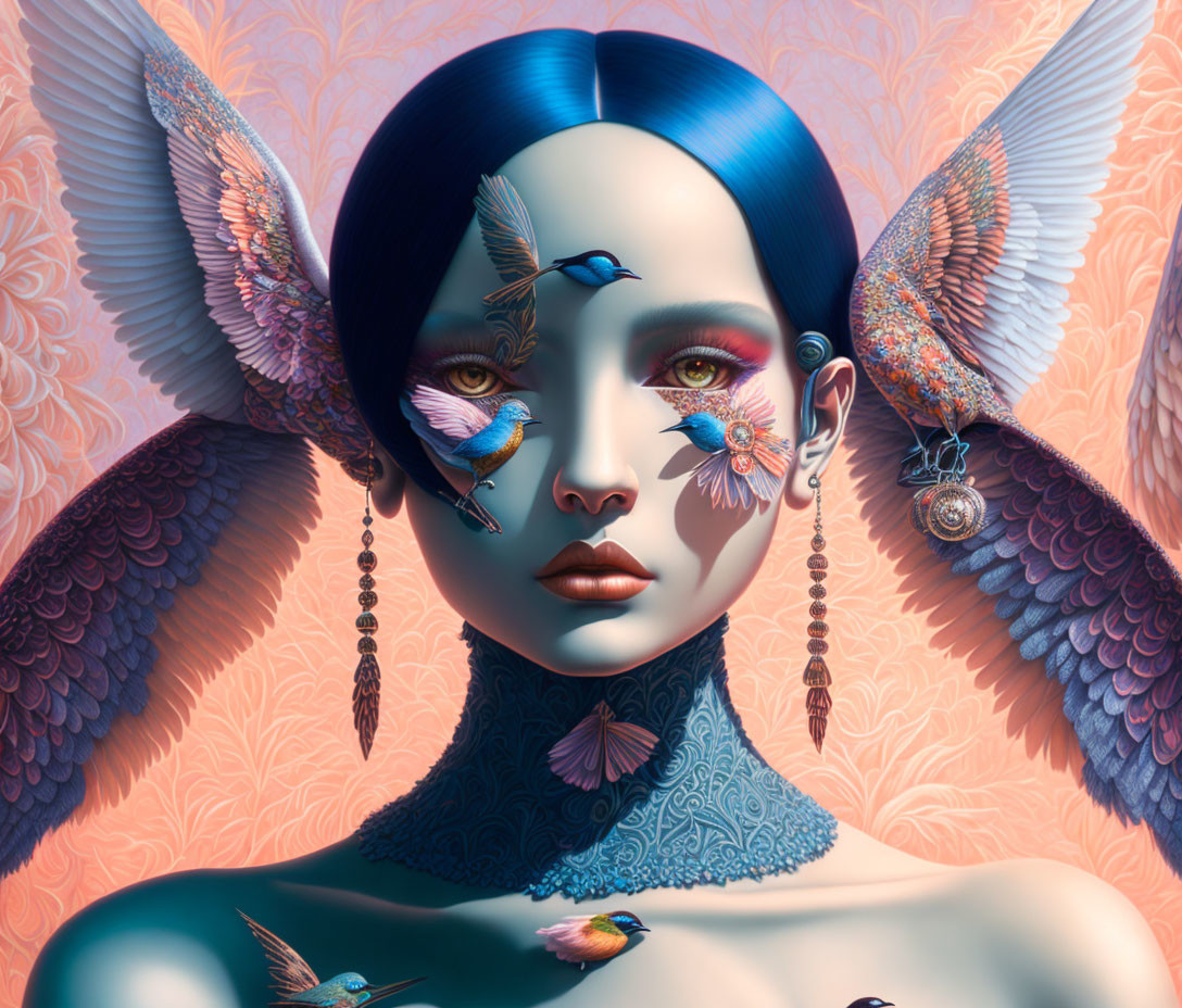 Digital Artwork: Woman with Blue Skin, Feathered Wings, and Intricate Tattoos