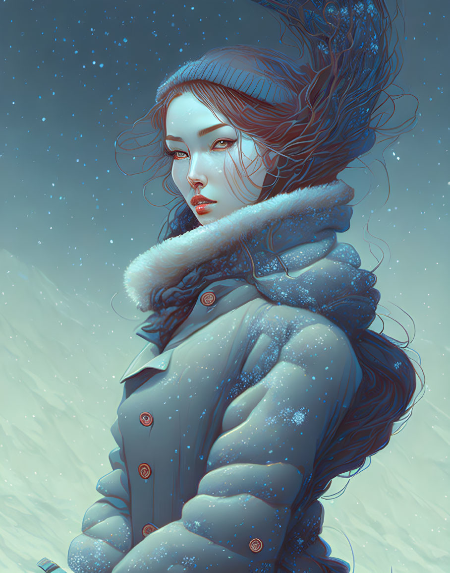 Stylized woman in winter attire under starry night sky