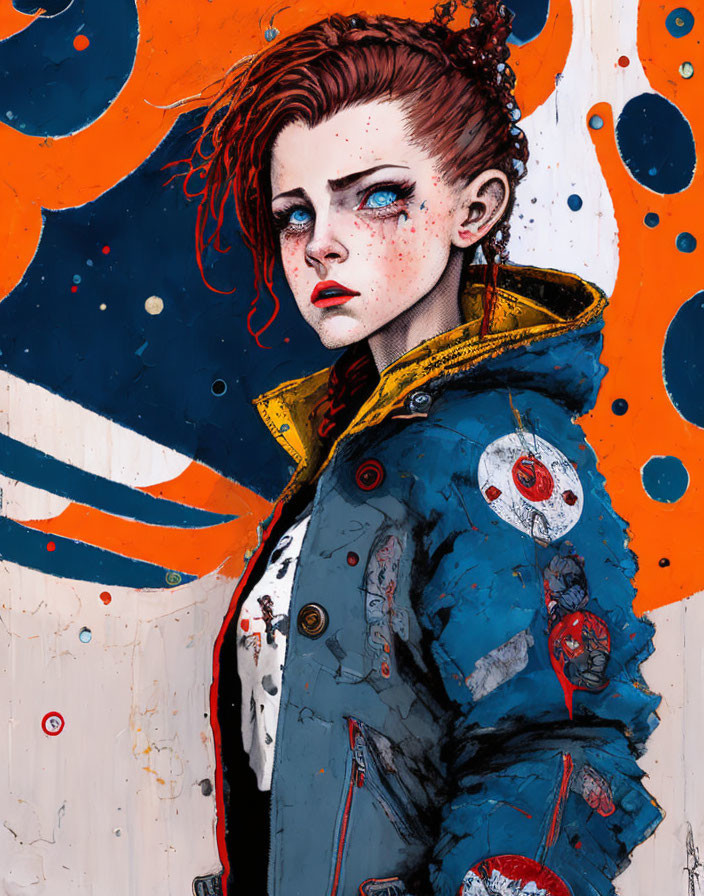 Stylized redhead woman with piercings in blue jacket on abstract orange background