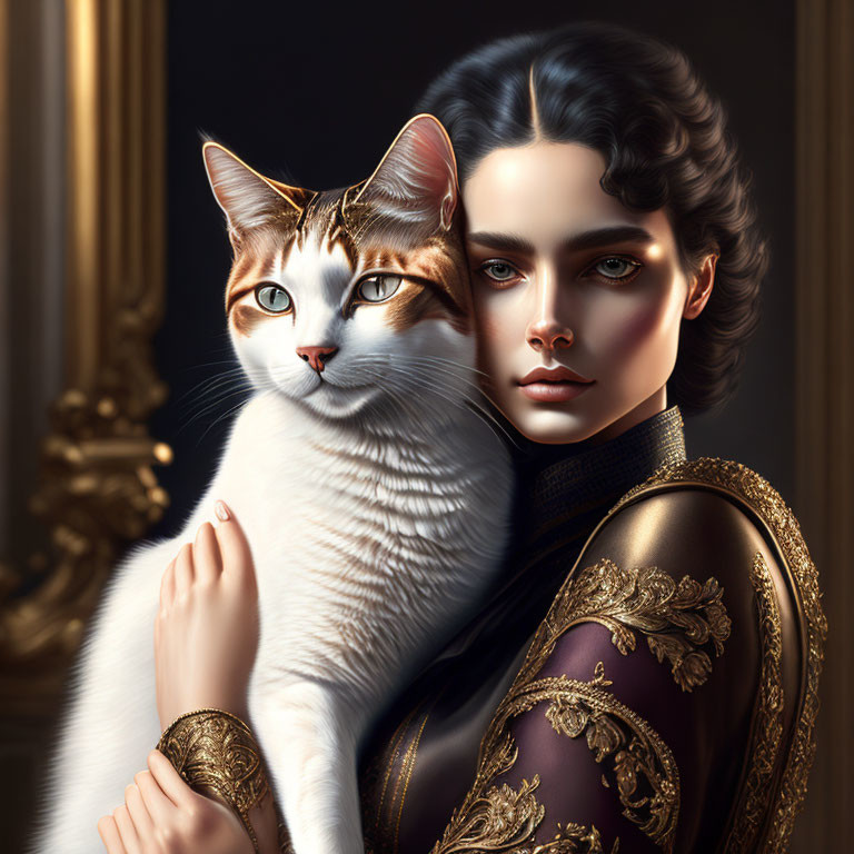 Digital artwork of woman with dark hair holding cat against luxurious background