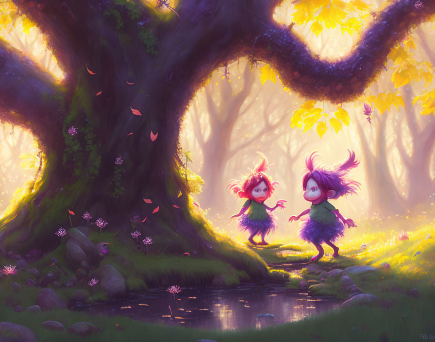 Whimsical creatures dancing in magical forest with glowing background