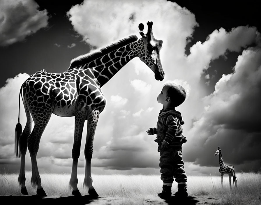 Child in Striped Outfit Facing Giraffe with Cloudy Sky Background