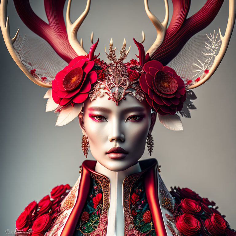 Female figure with antler headpiece and floral garment in digital art