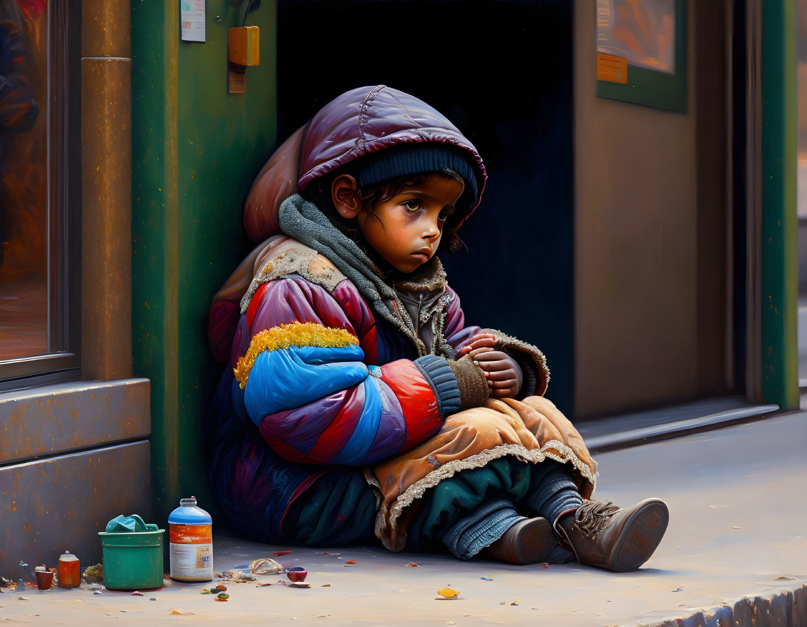 Child in Multicolored Jacket Painting on Doorstep