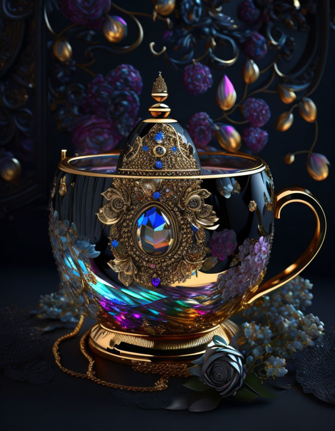 Intricately designed teacup with jewel-encrusted cover and magical floral surroundings