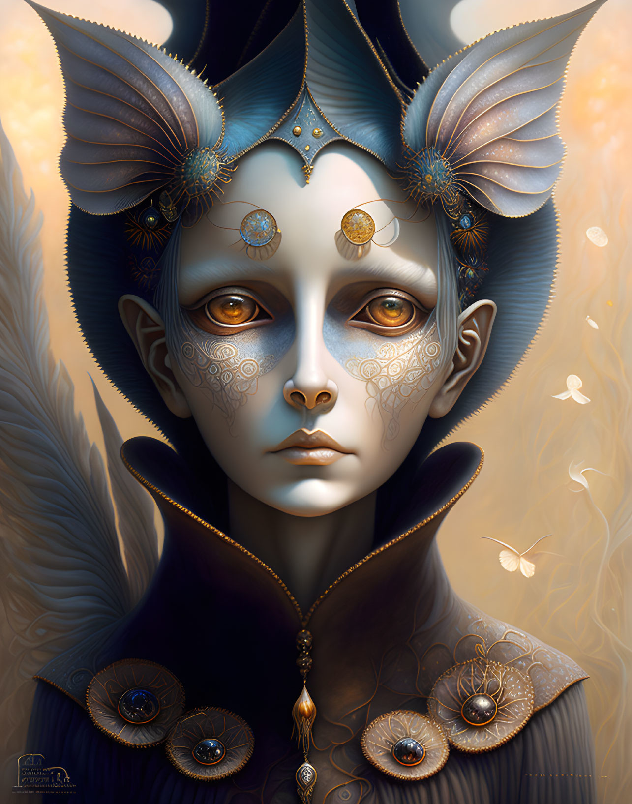 Fantasy portrait: Pale skin, blue facial markings, butterfly ears, golden eyes, intricate jewelry