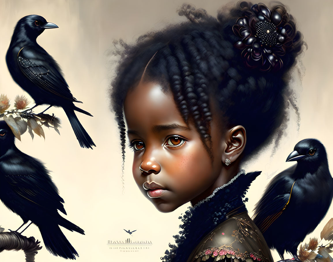 Detailed digital portrait: young girl with braided hair, black feathered dress, and three crows