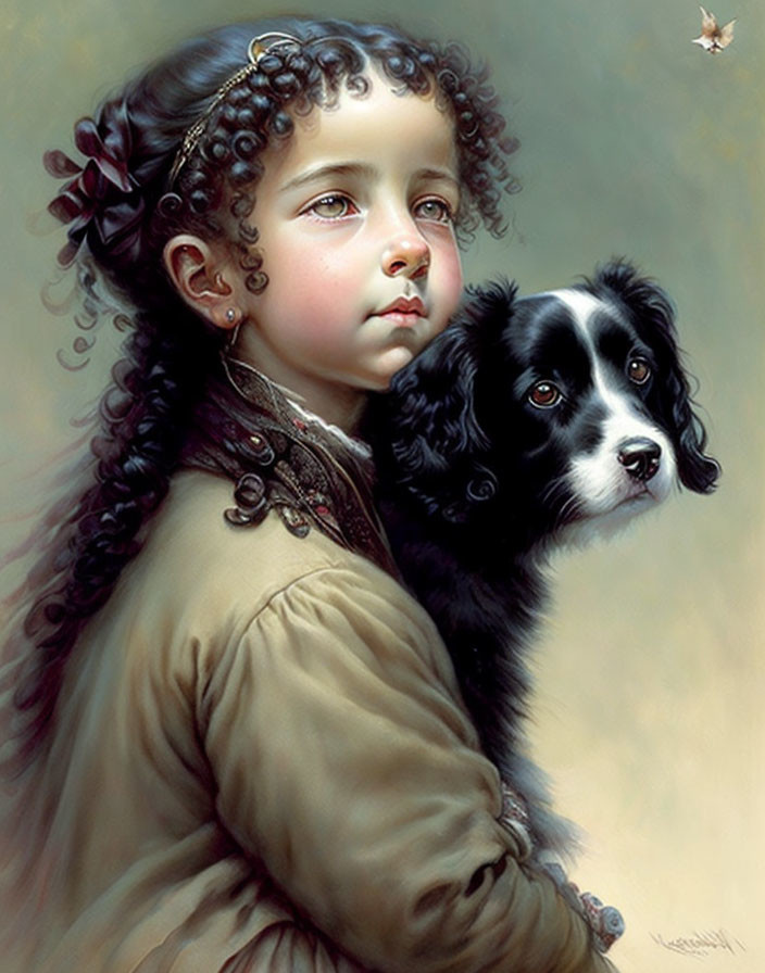 Young girl with curly hair, black and white dog, and butterfly in painting