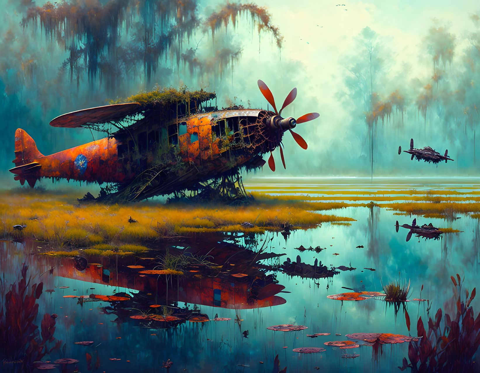 Abandoned biplane covered in moss in serene swamp landscape