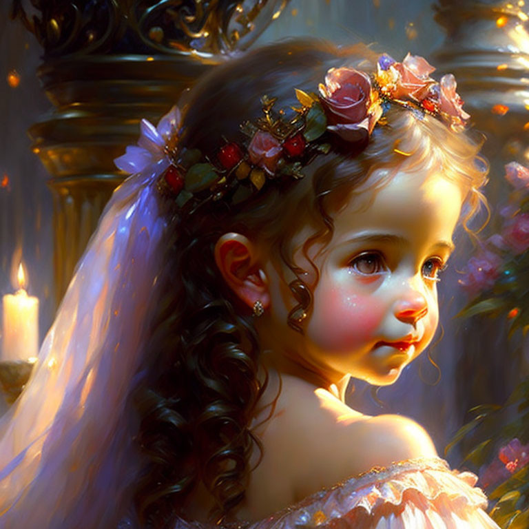 Young girl with floral crown and curly hair in soft candlelight